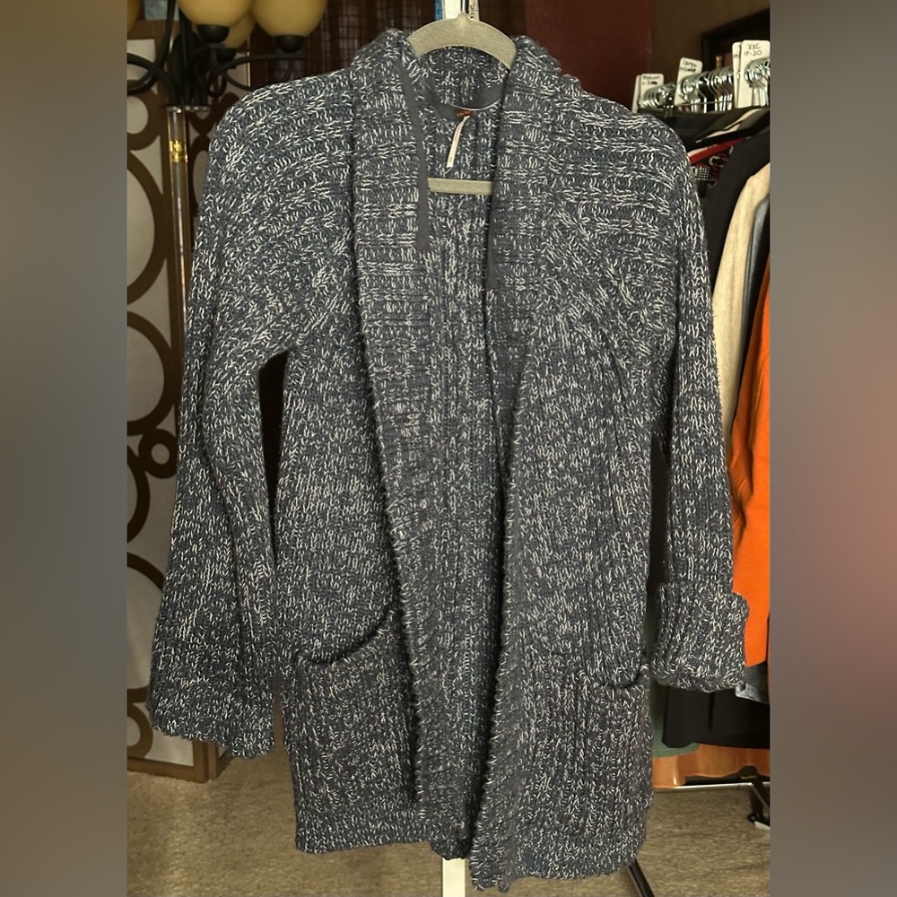 Free People Chunky Knit Cardigan Sweater Coat Blue White Cotton XS